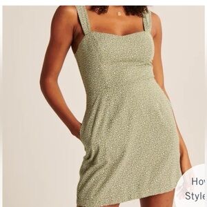 Abercrombie & Fitch wide strap linen blend olive green dot patterned Mini Dress